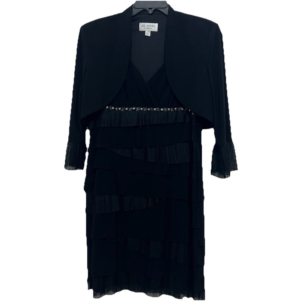 J.R. Nites By Carol Lin Size 16 Black Dress Bolero Jacket Beaded Pleated Wedding